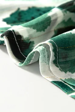 Clearance Dear-Lover Metallic Threading Accents Pleated Abstract Printed Ruffled 3/4 Sleeve Blouse Green