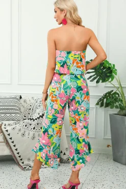 Hot Dear-Lover Mix Tropical Print Strapless Ruffled Jumpsuit Green