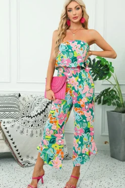 Hot Dear-Lover Mix Tropical Print Strapless Ruffled Jumpsuit Green