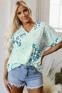 Hot Dear-Lover Mixed Leopard Print V Neck Short Sleeve Blouse Green