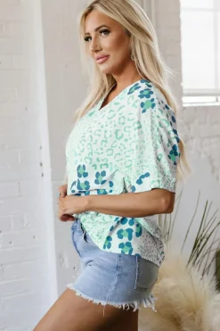 Hot Dear-Lover Mixed Leopard Print V Neck Short Sleeve Blouse Green