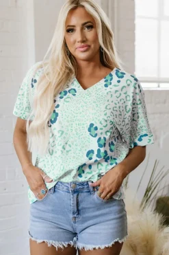Hot Dear-Lover Mixed Leopard Print V Neck Short Sleeve Blouse Green