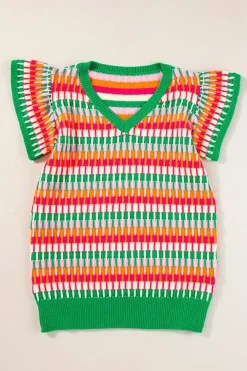 Sale Dear-Lover Multi Flutter Sleeve Knitted Sweater Top Green