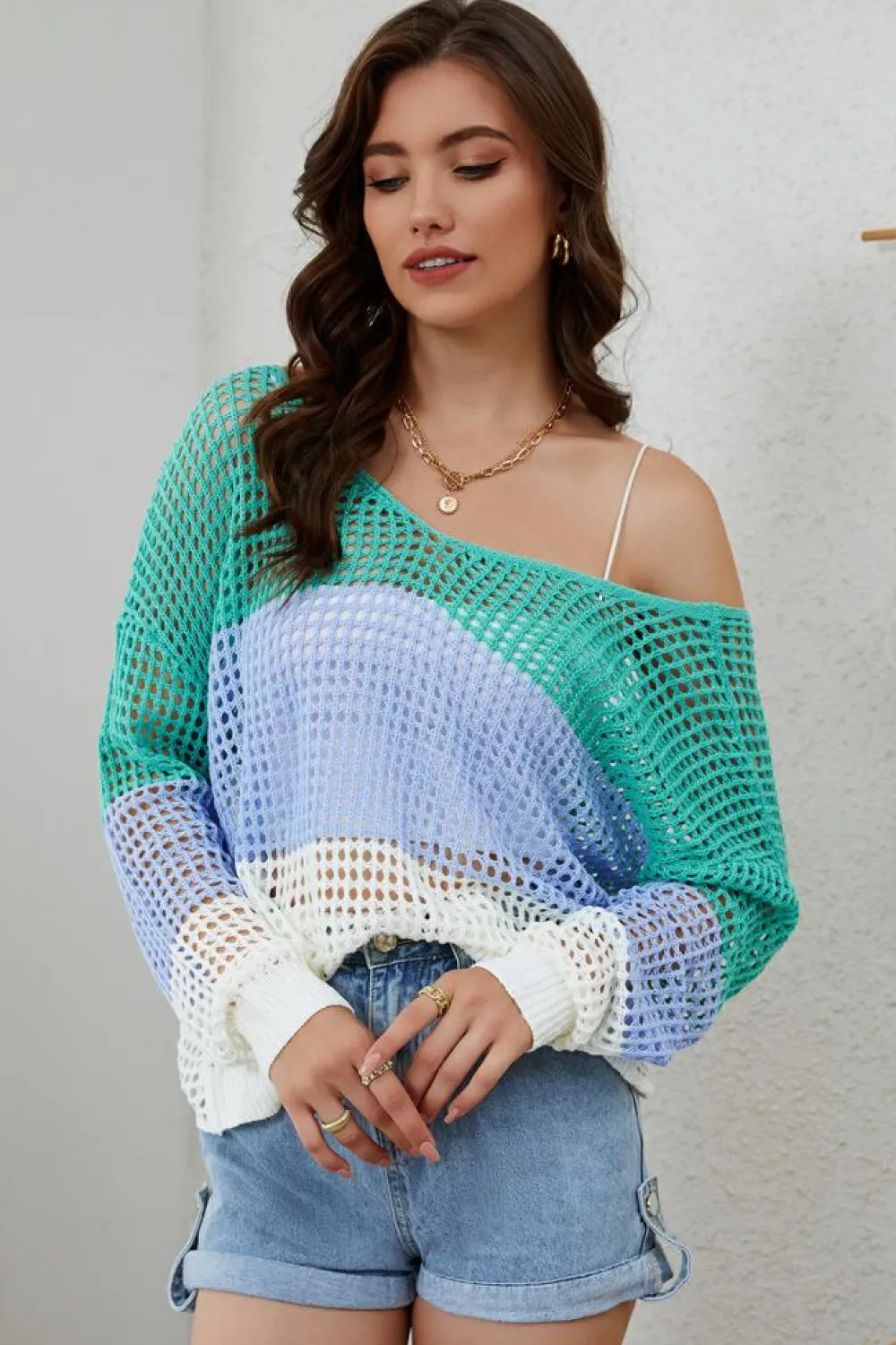 Online Dear-Lover Multicolor Color Block Eyelet Long Sleeve Twisted Back Knit Top Green