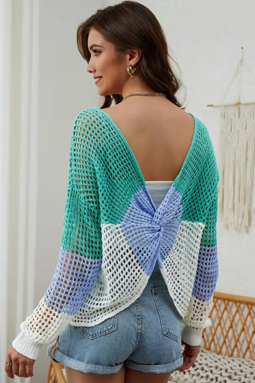 Online Dear-Lover Multicolor Color Block Eyelet Long Sleeve Twisted Back Knit Top Green