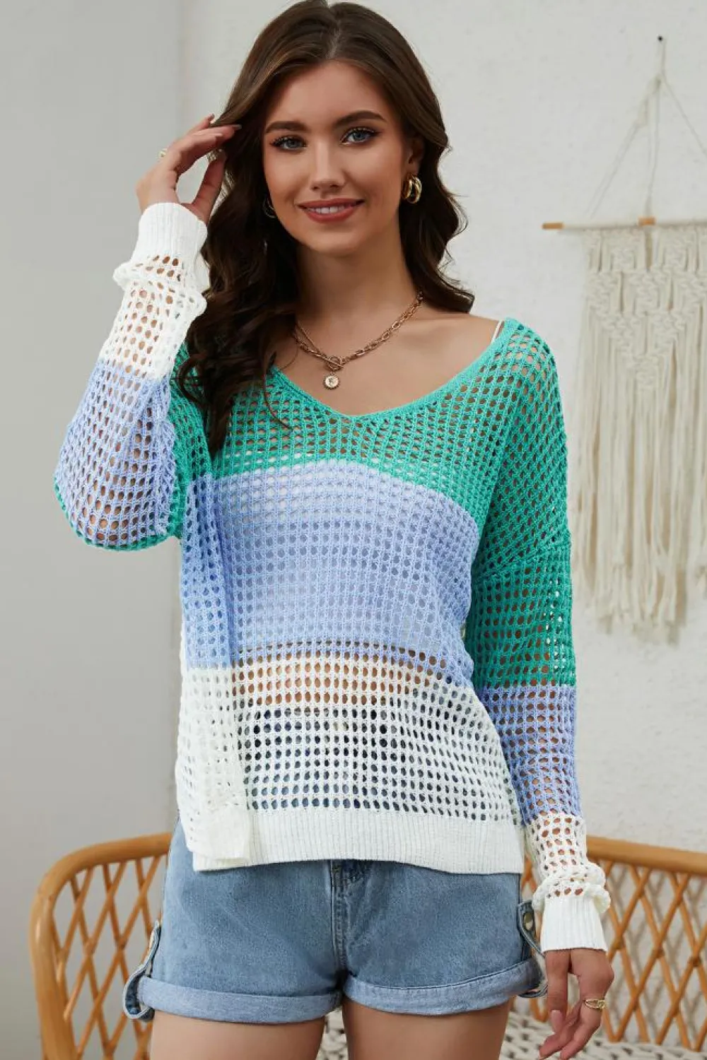 Online Dear-Lover Multicolor Color Block Eyelet Long Sleeve Twisted Back Knit Top Green