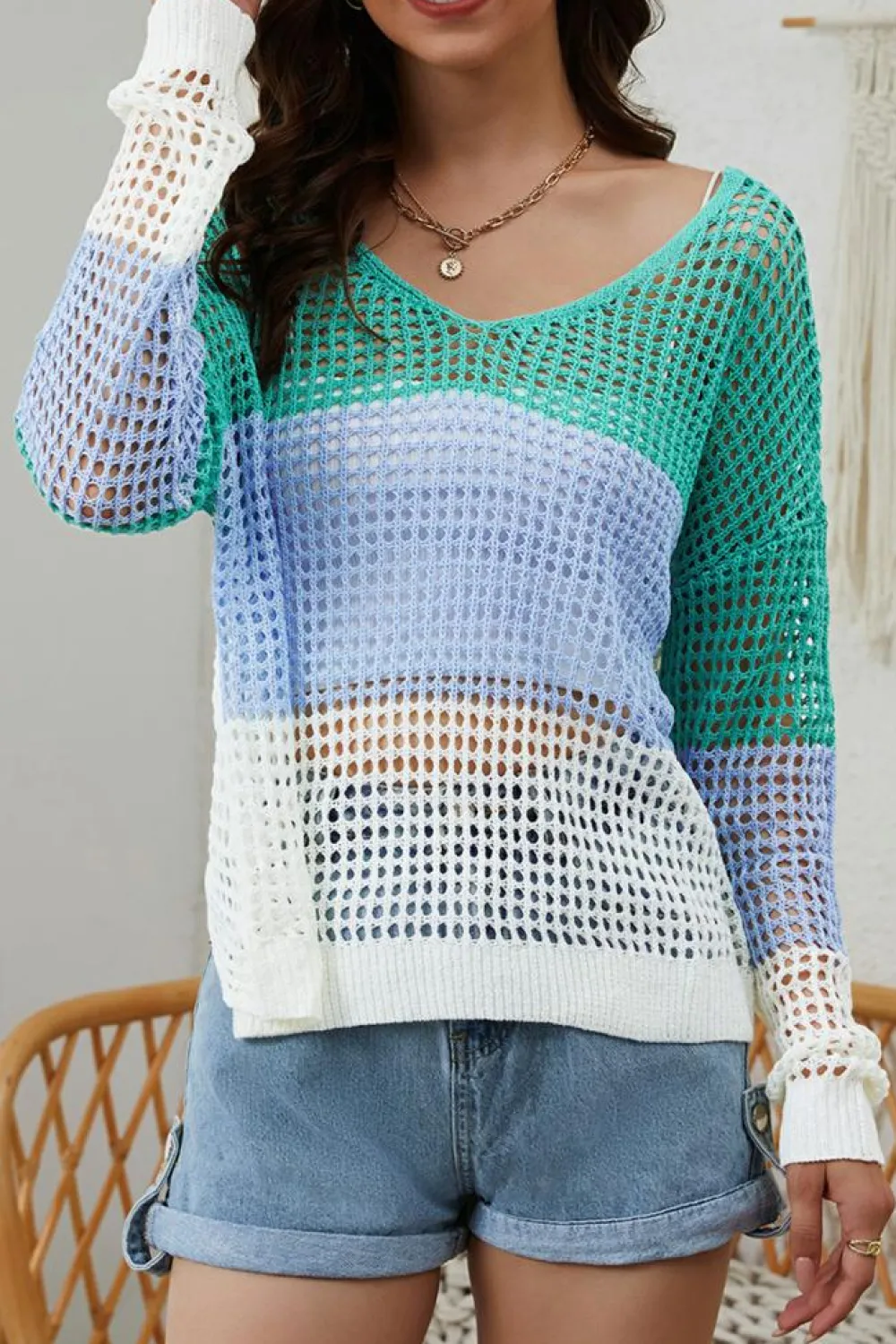 Online Dear-Lover Multicolor Color Block Eyelet Long Sleeve Twisted Back Knit Top Green