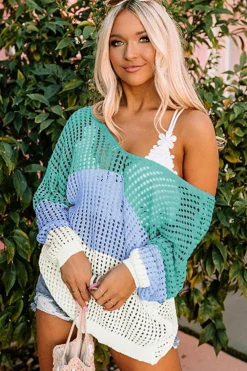 Online Dear-Lover Multicolor Color Block Eyelet Long Sleeve Twisted Back Knit Top Green