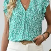 Online Dear-Lover Notched V Neck Leopard Ruffle Short Sleeve Blouse Green