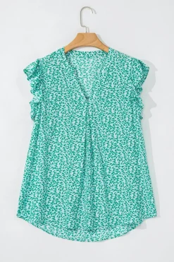 Online Dear-Lover Notched V Neck Leopard Ruffle Short Sleeve Blouse Green