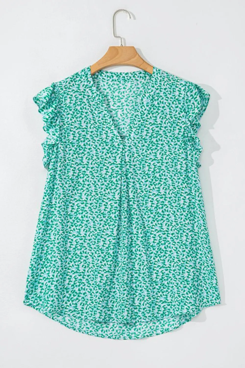 Online Dear-Lover Notched V Neck Leopard Ruffle Short Sleeve Blouse Green