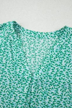 Online Dear-Lover Notched V Neck Leopard Ruffle Short Sleeve Blouse Green