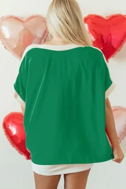 Online Dear-Lover Oversized Color Block Boat Neck Tunic Blouse Green