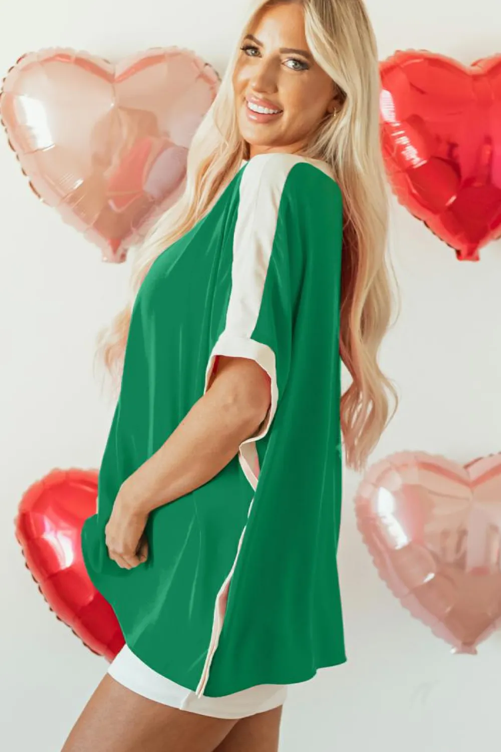 Online Dear-Lover Oversized Color Block Boat Neck Tunic Blouse Green