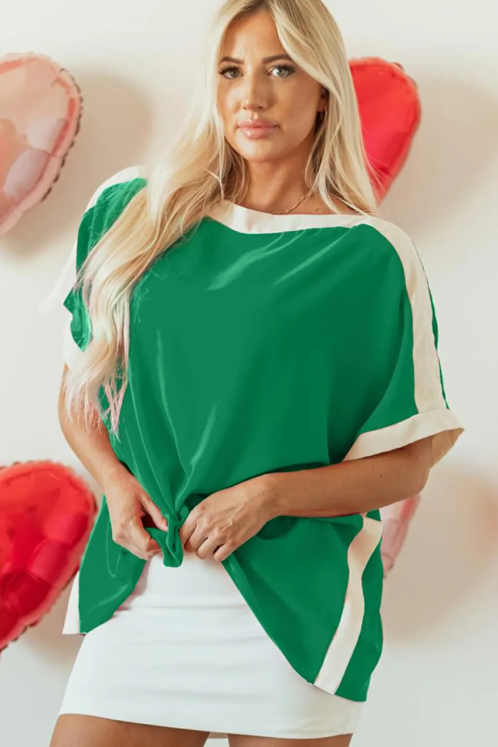 Online Dear-Lover Oversized Color Block Boat Neck Tunic Blouse Green