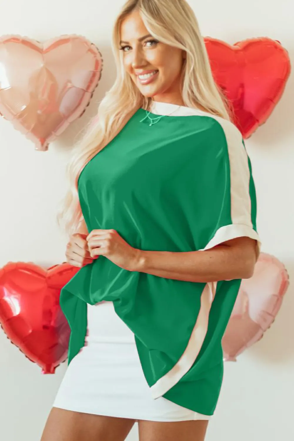 Online Dear-Lover Oversized Color Block Boat Neck Tunic Blouse Green