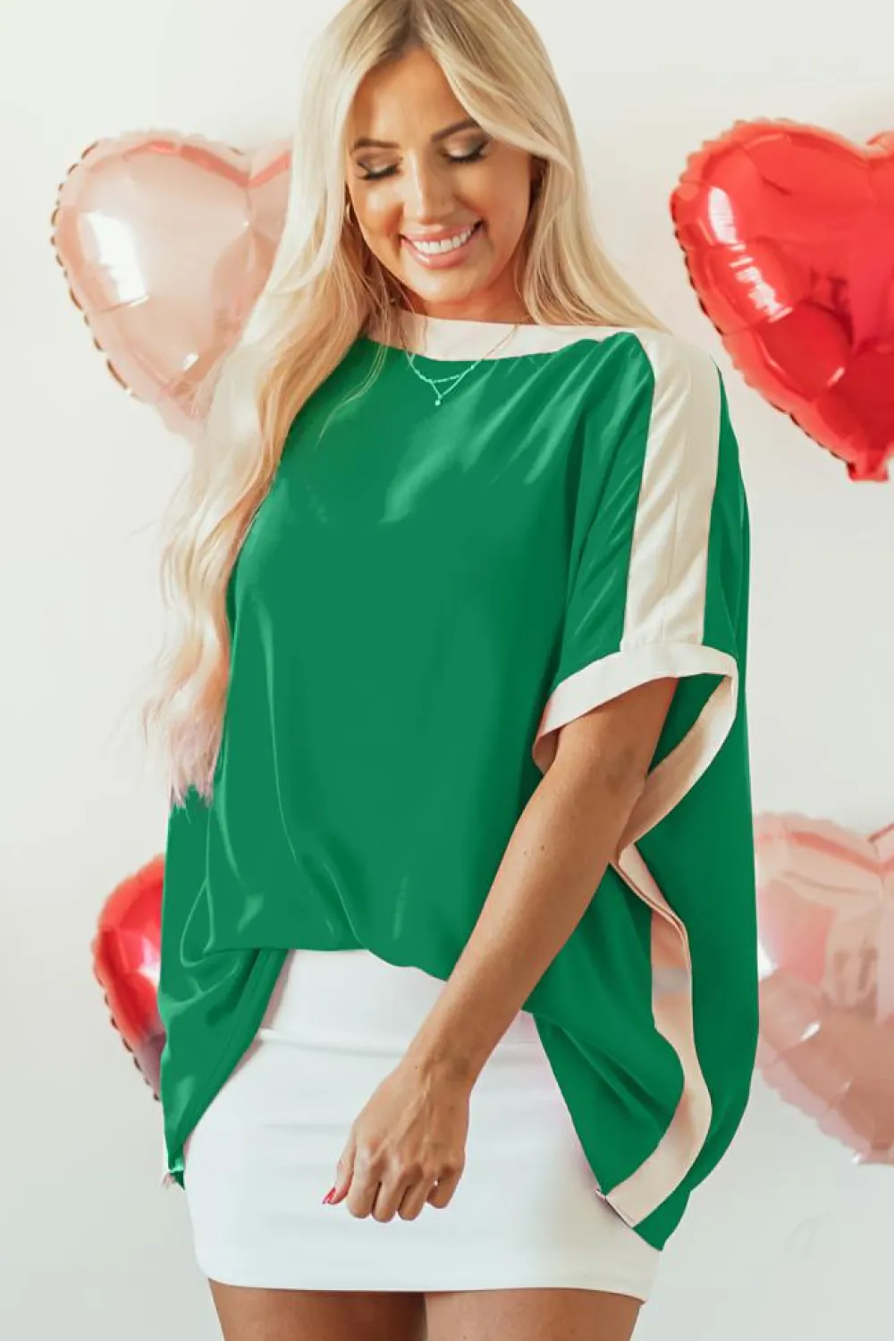 Online Dear-Lover Oversized Color Block Boat Neck Tunic Blouse Green