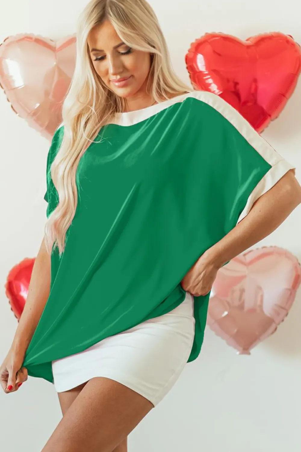 Online Dear-Lover Oversized Color Block Boat Neck Tunic Blouse Green