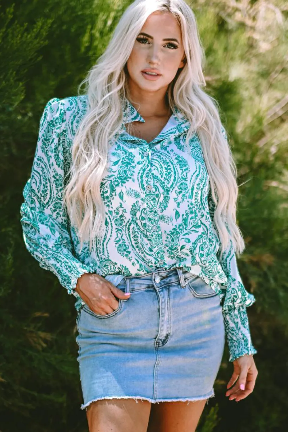 Online Dear-Lover Paisley Print Smocked Cuff Buttoned Loose Shirt Green