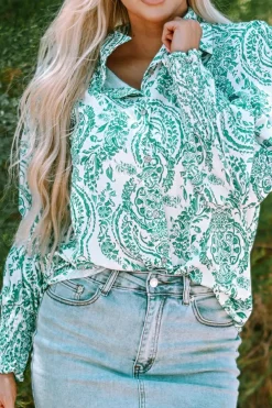 Online Dear-Lover Paisley Print Smocked Cuff Buttoned Loose Shirt Green