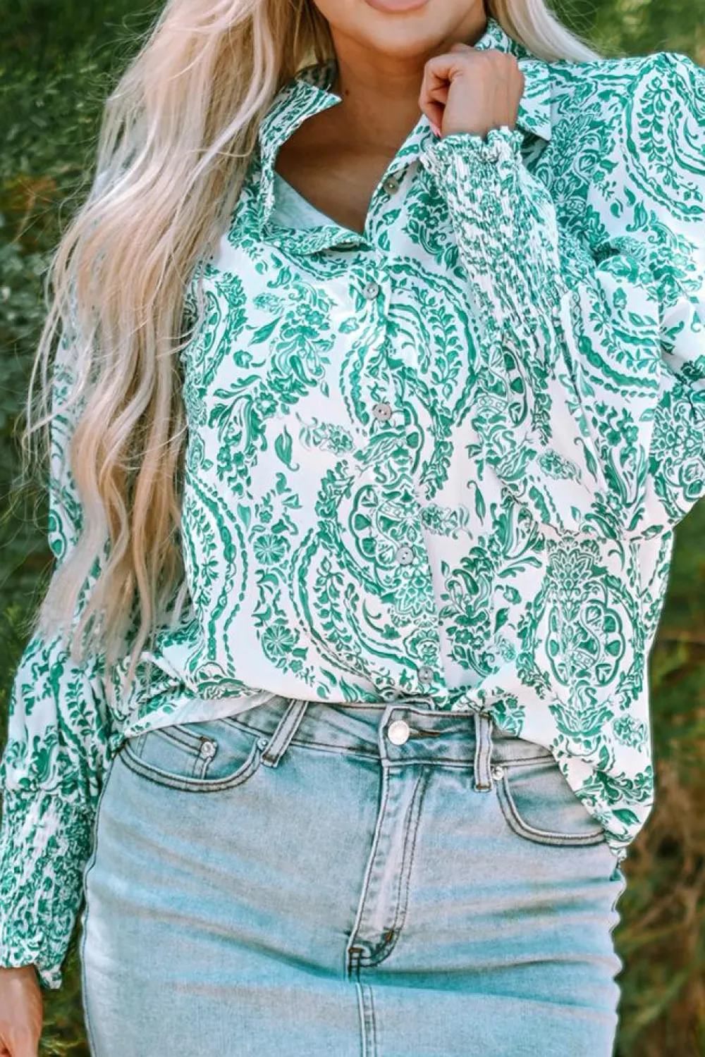 Online Dear-Lover Paisley Print Smocked Cuff Buttoned Loose Shirt Green