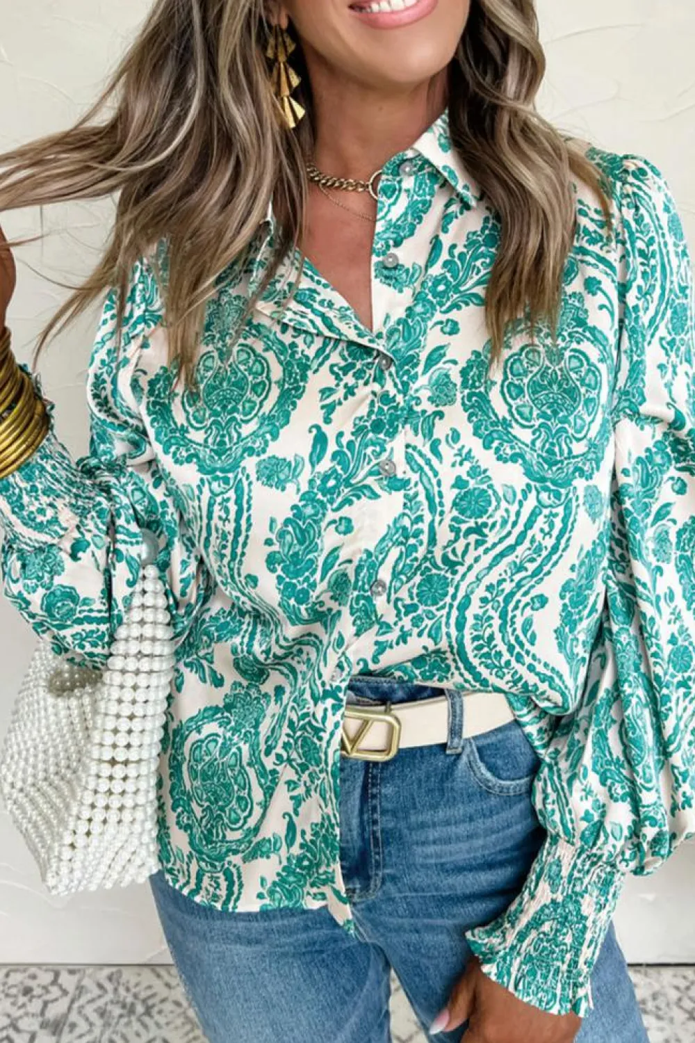 Online Dear-Lover Paisley Print Smocked Cuff Buttoned Loose Shirt Green