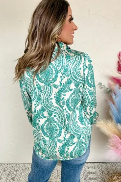 Online Dear-Lover Paisley Print Smocked Cuff Buttoned Loose Shirt Green