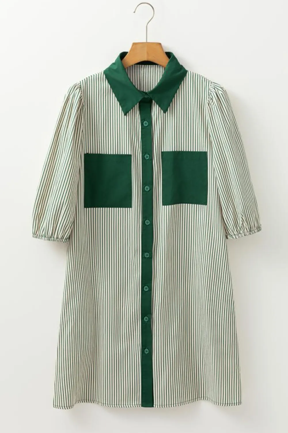 Online Dear-Lover Patch Pockets Button Down Short Puff Sleeve Dress Green