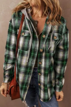 New Dear-Lover Plaid Print Chest Pocket Buttoned Hooded Shacket Green