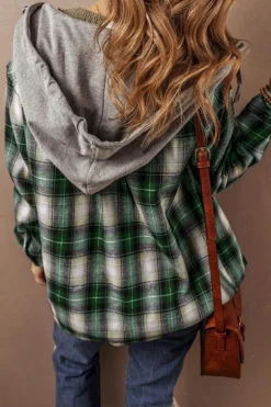 New Dear-Lover Plaid Print Chest Pocket Buttoned Hooded Shacket Green