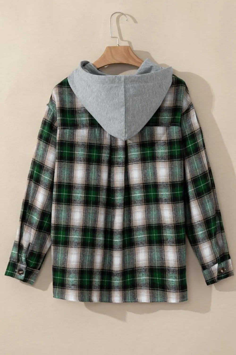 New Dear-Lover Plaid Print Chest Pocket Buttoned Hooded Shacket Green