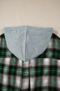 New Dear-Lover Plaid Print Chest Pocket Buttoned Hooded Shacket Green