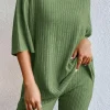 New Dear-Lover Plain Ribbed Loose Fit Two Piece Lounge Set Green