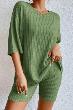 New Dear-Lover Plain Ribbed Loose Fit Two Piece Lounge Set Green