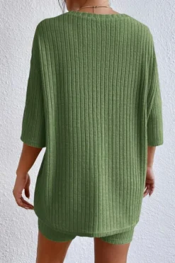 New Dear-Lover Plain Ribbed Loose Fit Two Piece Lounge Set Green
