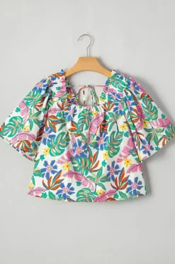 Online Dear-Lover Plant Print Loose Fit Puff Sleeve Square Neck Blouse Green