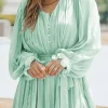 New Dear-Lover Pleated Ruffled Tie Waist Buttons V Neck Romper Green