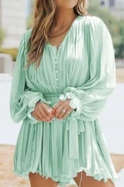 New Dear-Lover Pleated Ruffled Tie Waist Buttons V Neck Romper Green