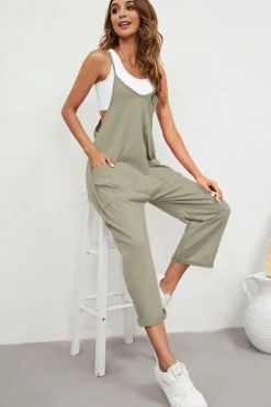 Online Dear-Lover Pocketed Adjustable Spaghetti Strap Straight Leg Jumpsuit Green