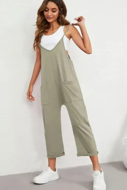 Online Dear-Lover Pocketed Adjustable Spaghetti Strap Straight Leg Jumpsuit Green