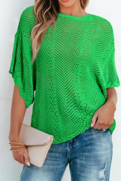 Sale Dear-Lover Pointelle Knit Scallop Edge Short Sleeve Top Green