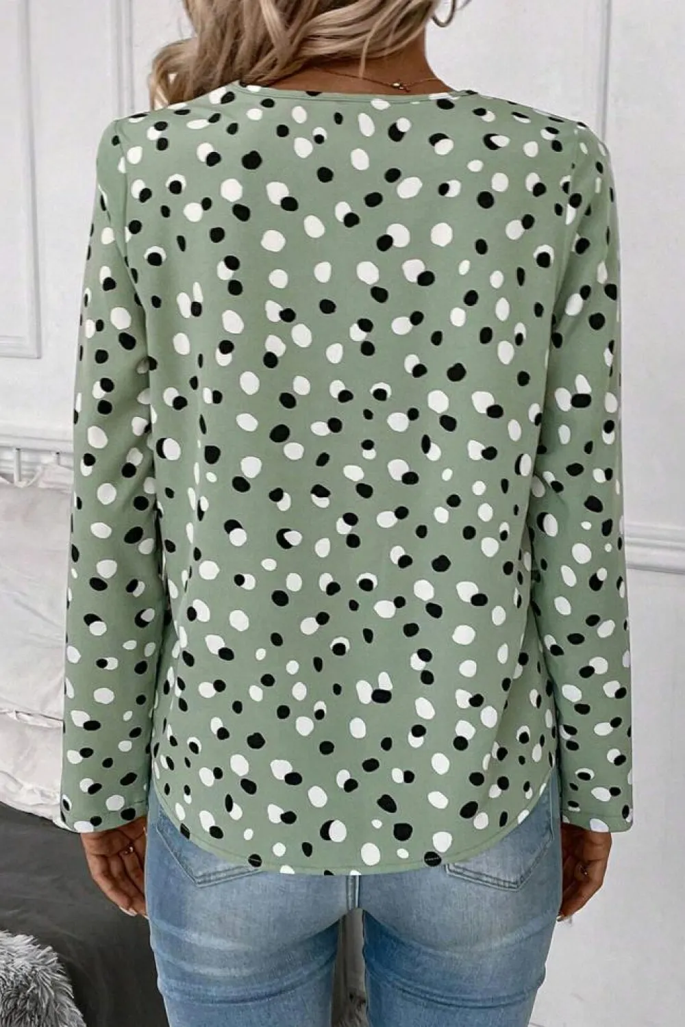 Clearance Dear-Lover Polka Dot Print Button Front V Neck Blouse Green
