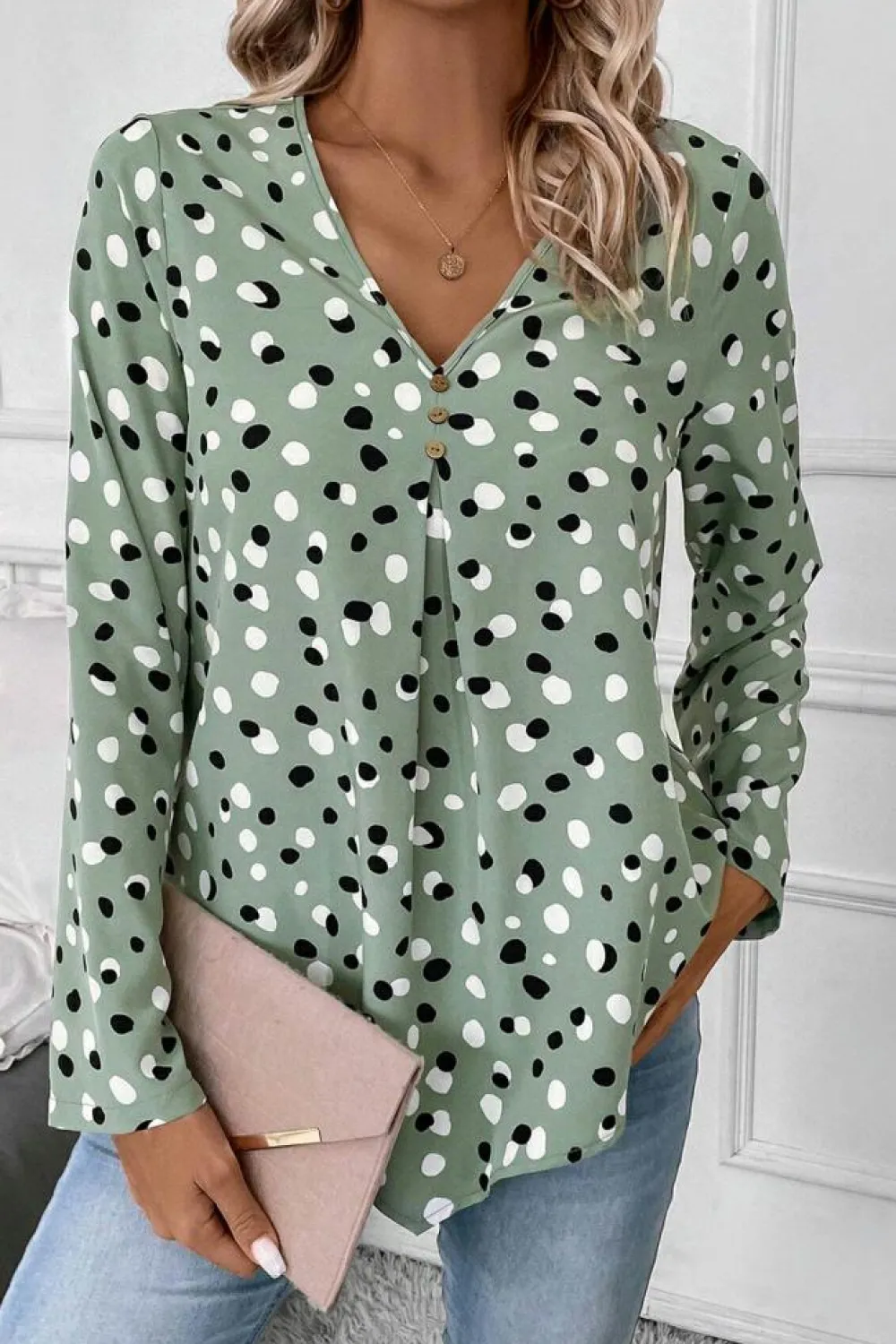 Clearance Dear-Lover Polka Dot Print Button Front V Neck Blouse Green