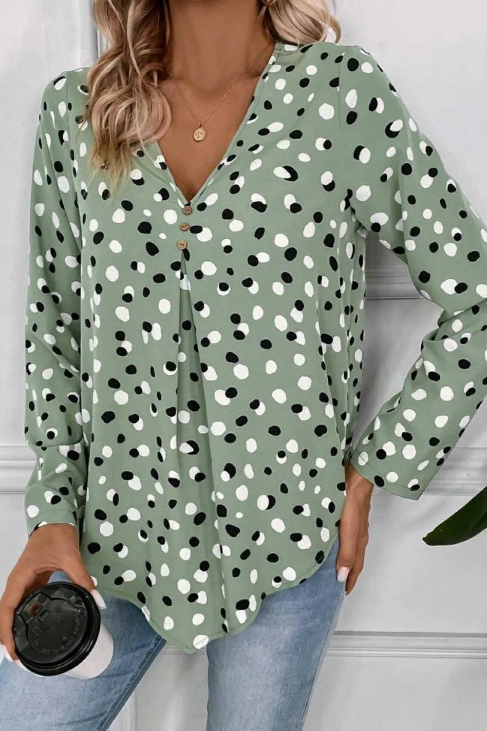 Clearance Dear-Lover Polka Dot Print Button Front V Neck Blouse Green
