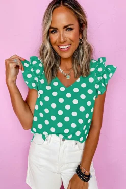 Fashion Dear-Lover Polka Dot Print Ruffled Sleeve V Neck Blouse Green