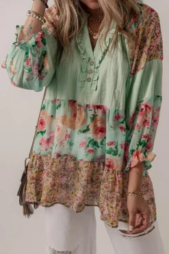 Sale Dear-Lover Floral Patchwork Frilled Split Neck Blouse Green Printed