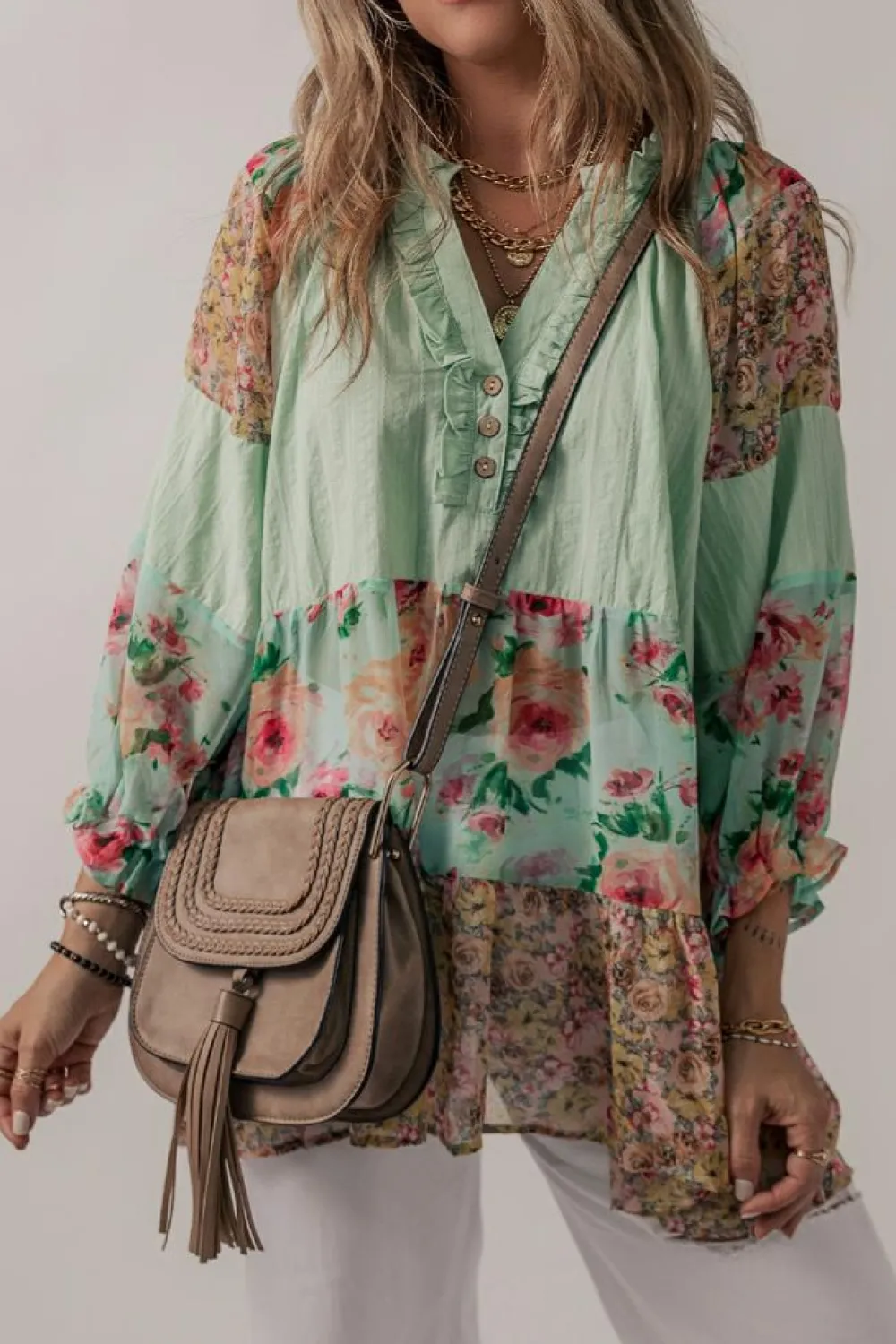 Sale Dear-Lover Floral Patchwork Frilled Split Neck Blouse Green Printed