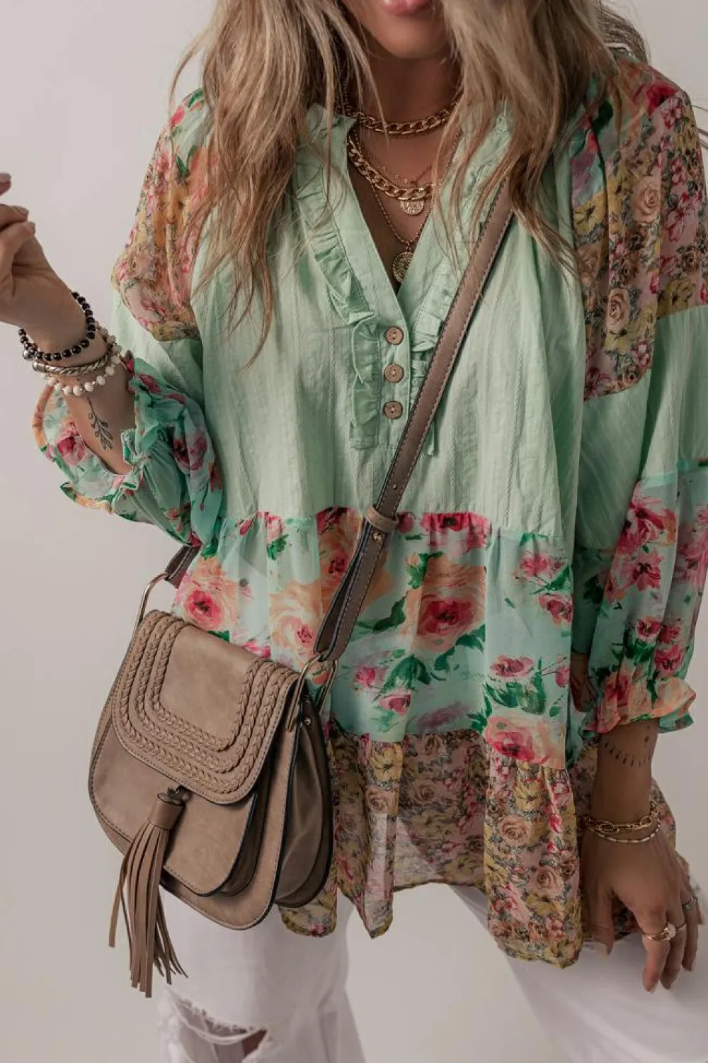 Sale Dear-Lover Floral Patchwork Frilled Split Neck Blouse Green Printed
