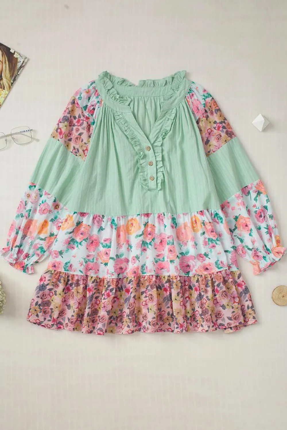 Sale Dear-Lover Floral Patchwork Frilled Split Neck Blouse Green Printed