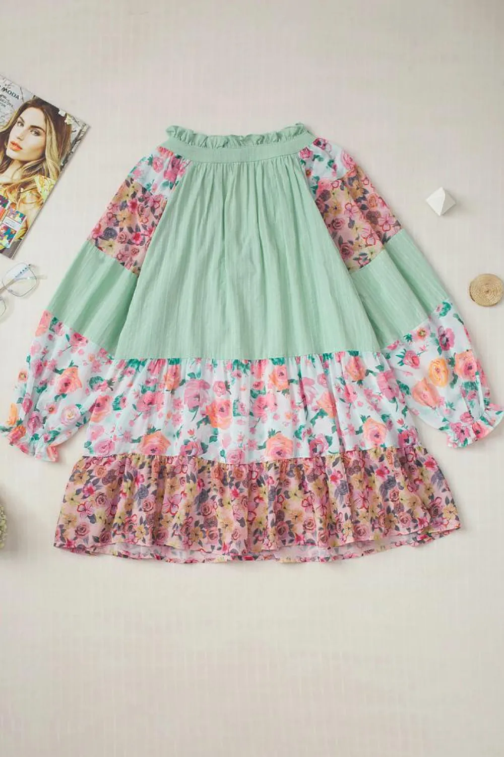 Sale Dear-Lover Floral Patchwork Frilled Split Neck Blouse Green Printed